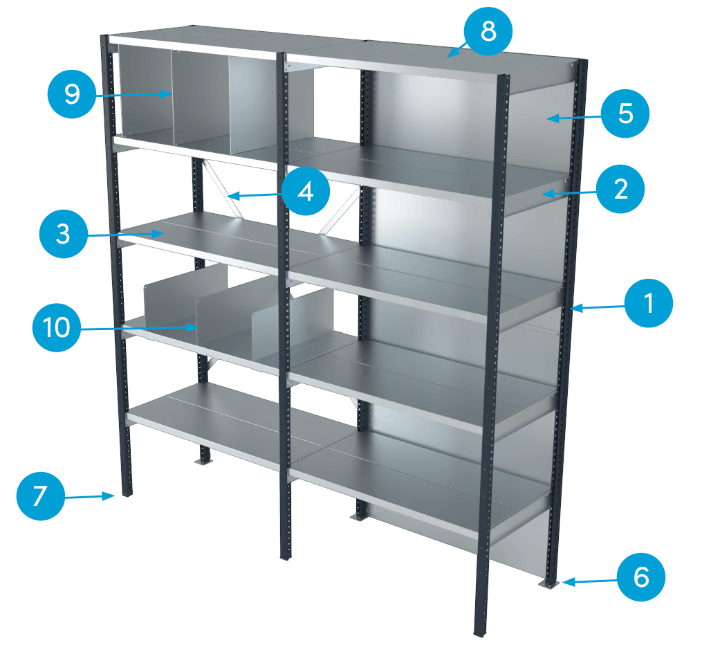 La fiche nomenclature de notre rayonnage modulable, équipé d'une grande modularité